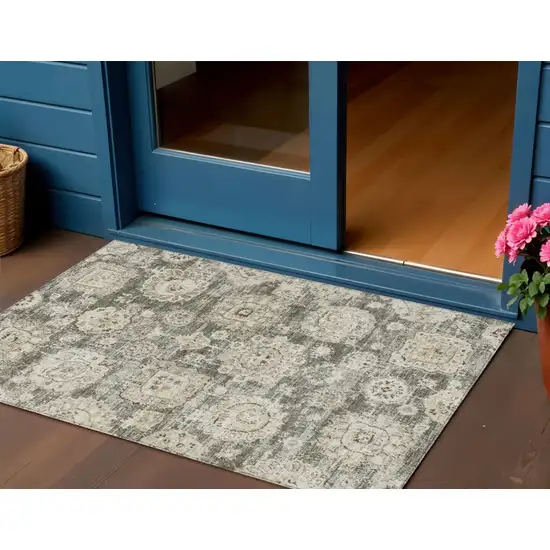 Taupe Beige And Gray Floral Washable Indoor Outdoor Area Rug Photo 1