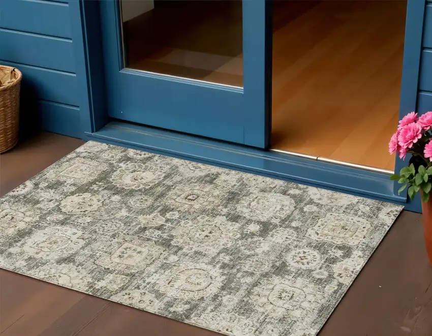 Taupe Beige And Gray Floral Washable Indoor Outdoor Area Rug Photo 1