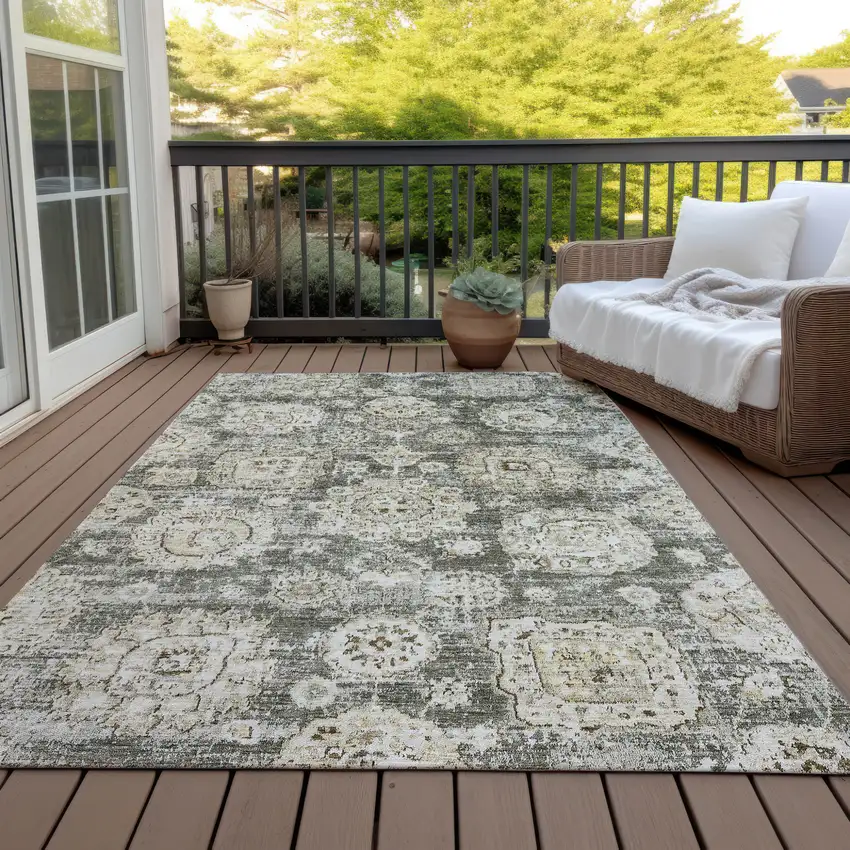 Taupe Beige And Gray Floral Washable Indoor Outdoor Area Rug Photo 9