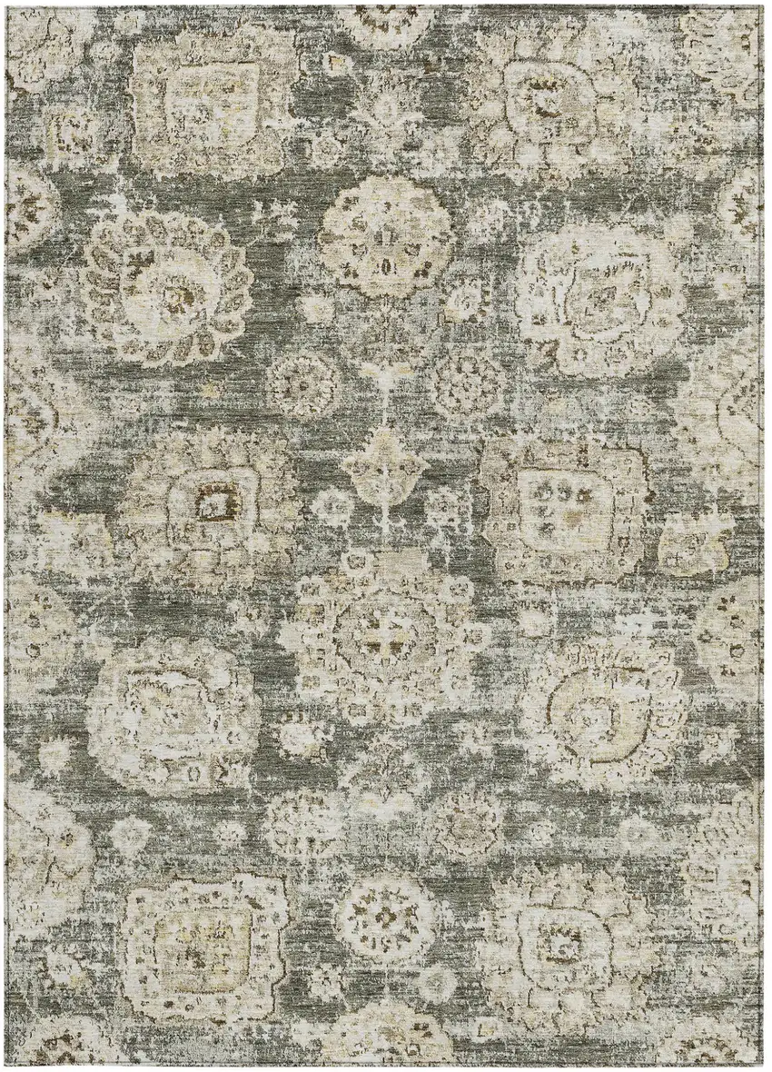 Taupe Beige And Gray Floral Washable Indoor Outdoor Area Rug Photo 6