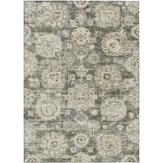 Taupe Beige And Gray Floral Washable Indoor Outdoor Area Rug Photo 1