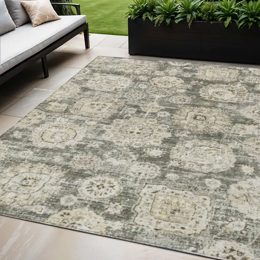 Taupe Beige And Gray Floral Washable Indoor Outdoor Area Rug Photo 1