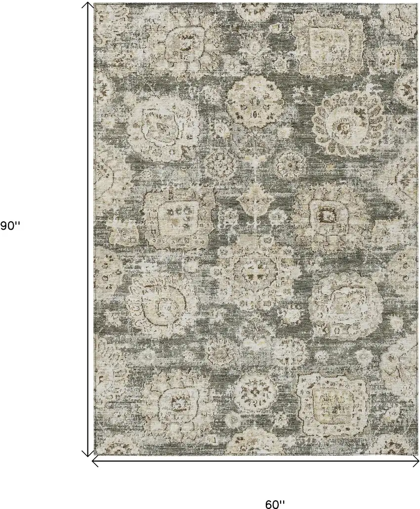 Taupe Beige And Gray Floral Washable Indoor Outdoor Area Rug Photo 3