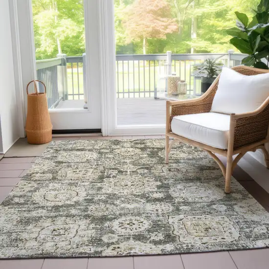 Taupe Beige And Gray Floral Washable Indoor Outdoor Area Rug Photo 8