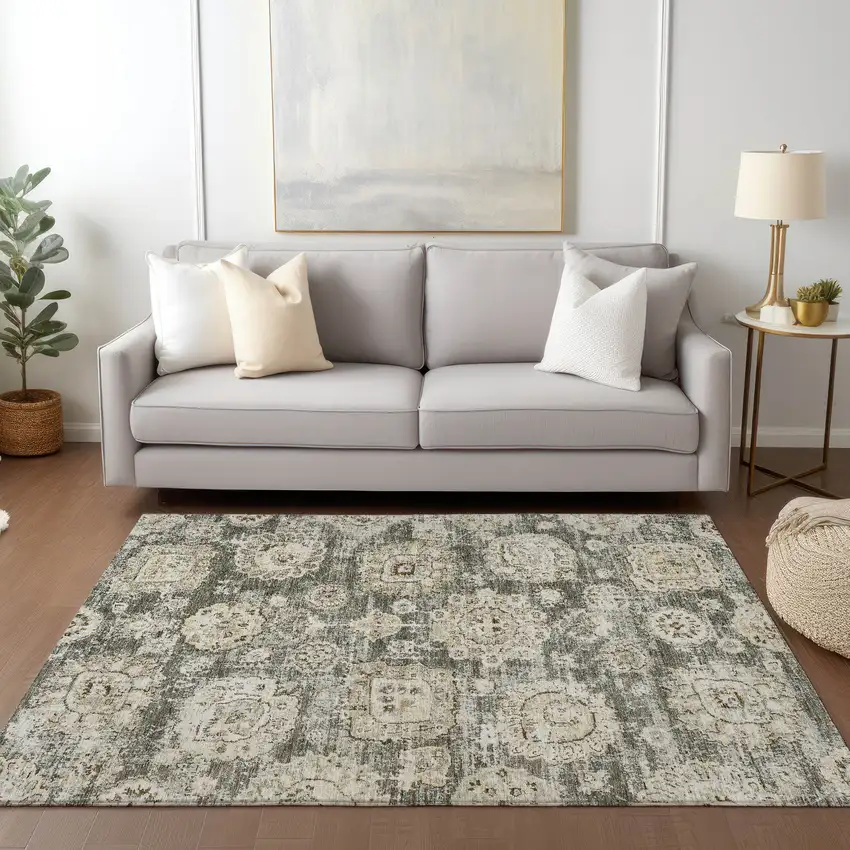 Taupe Beige And Gray Floral Washable Indoor Outdoor Area Rug Photo 7