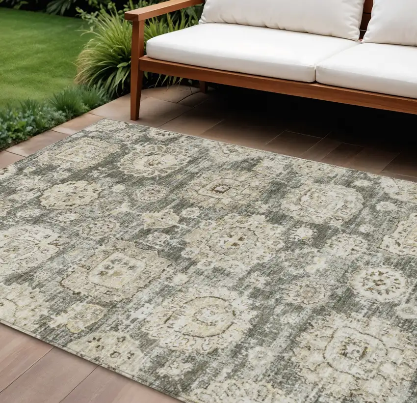 Taupe Beige And Gray Floral Washable Indoor Outdoor Area Rug Photo 1