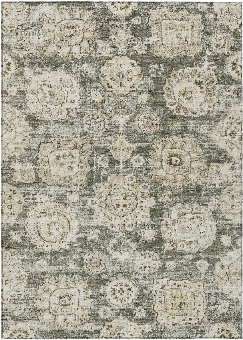 Taupe Beige And Gray Floral Washable Indoor Outdoor Area Rug Photo 1