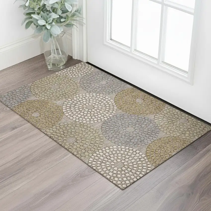 Taupe Beige And Gray Geometric Washable Area Rug With UV Protection Photo 1