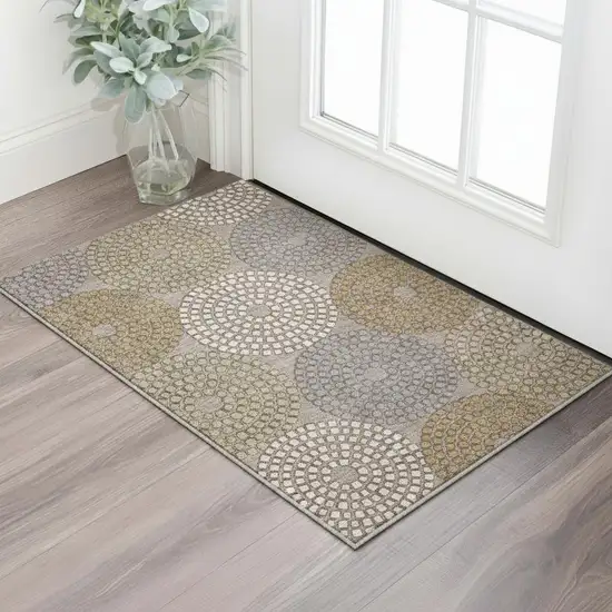 Taupe Beige And Gray Geometric Washable Area Rug With UV Protection Photo 2