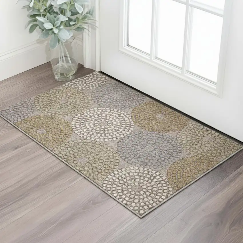Taupe Beige And Gray Geometric Washable Area Rug With UV Protection Photo 2
