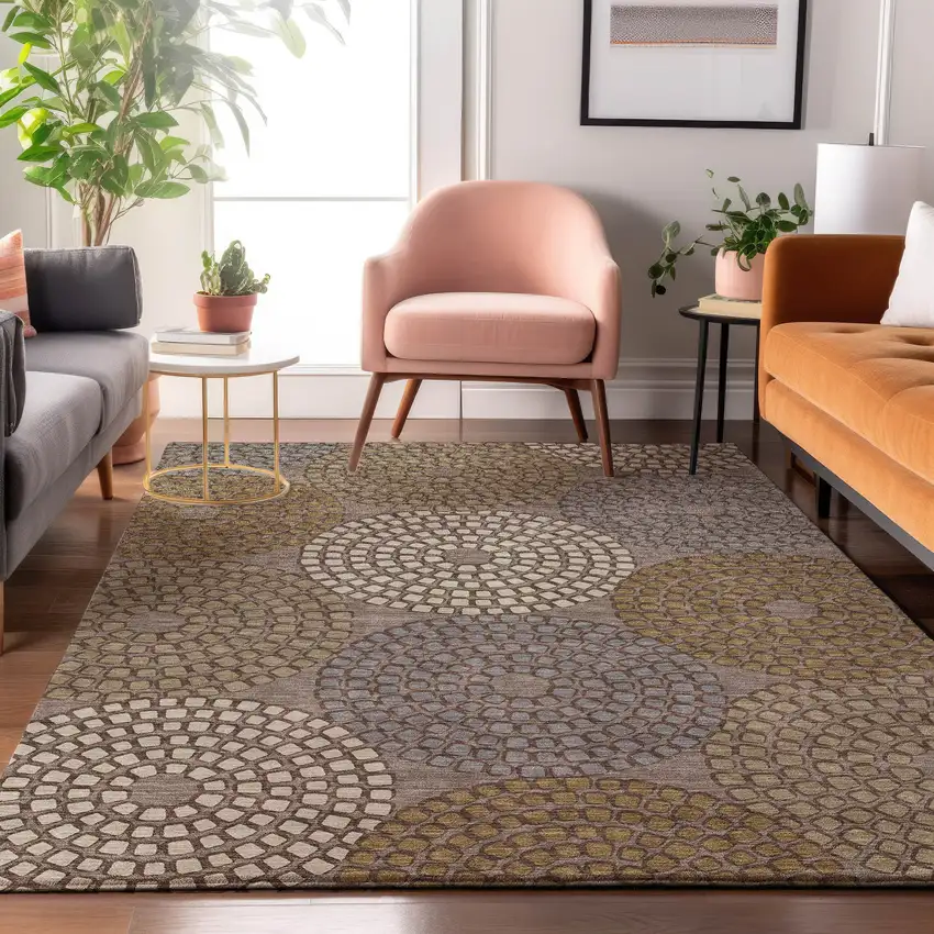 Taupe Beige And Gray Geometric Washable Area Rug With UV Protection Photo 4