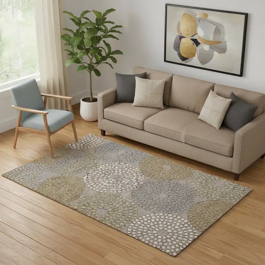 Taupe Beige And Gray Geometric Washable Area Rug With UV Protection Photo 1