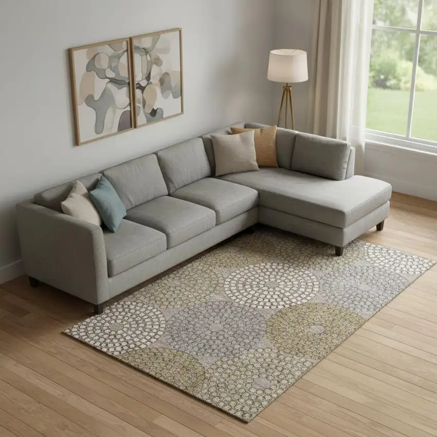 Taupe Beige And Gray Geometric Washable Area Rug With UV Protection Photo 1