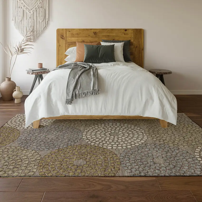 Taupe Beige And Gray Geometric Washable Area Rug With UV Protection Photo 6