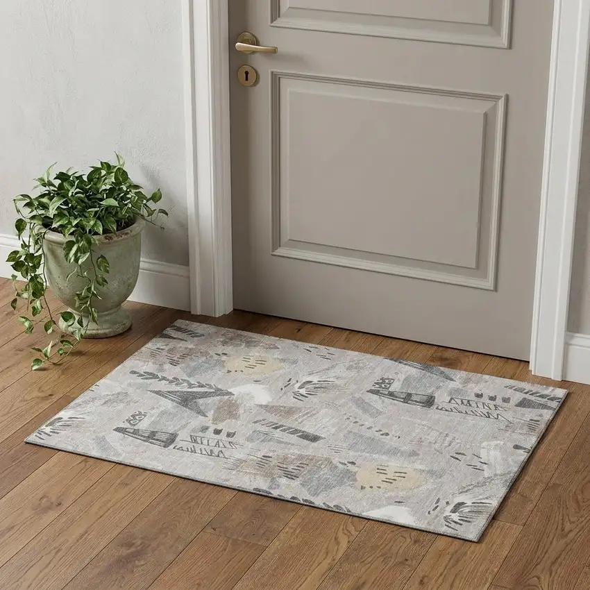 Taupe Beige And Gray Geometric Washable Area Rug With UV Protection Photo 1