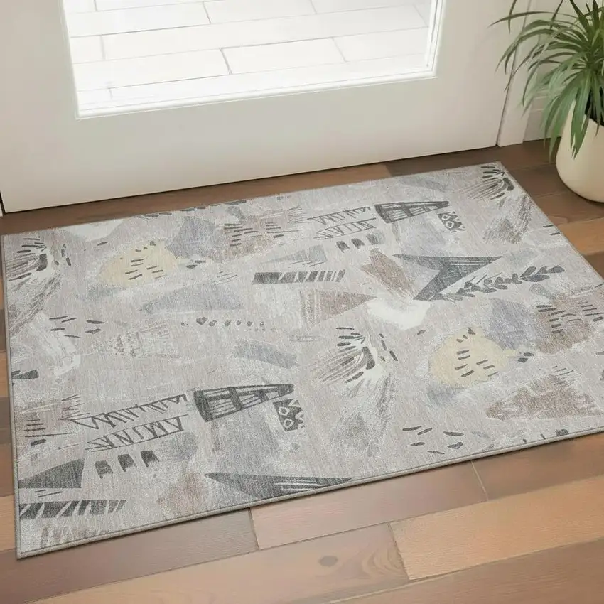 Taupe Beige And Gray Geometric Washable Area Rug With UV Protection Photo 2