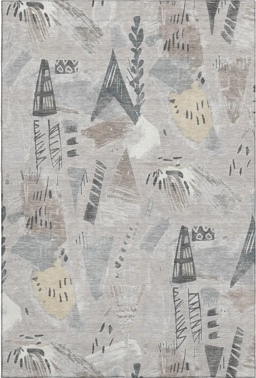 Taupe Beige And Gray Geometric Washable Area Rug With UV Protection Photo 1