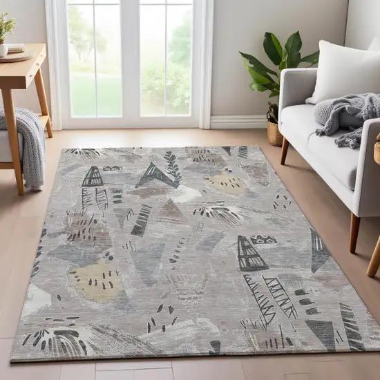 Taupe Beige And Gray Geometric Washable Area Rug With UV Protection Photo 5
