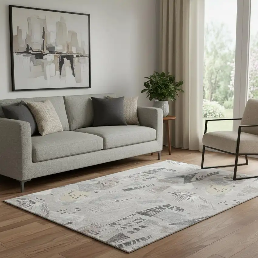 Taupe Beige And Gray Geometric Washable Area Rug With UV Protection Photo 2