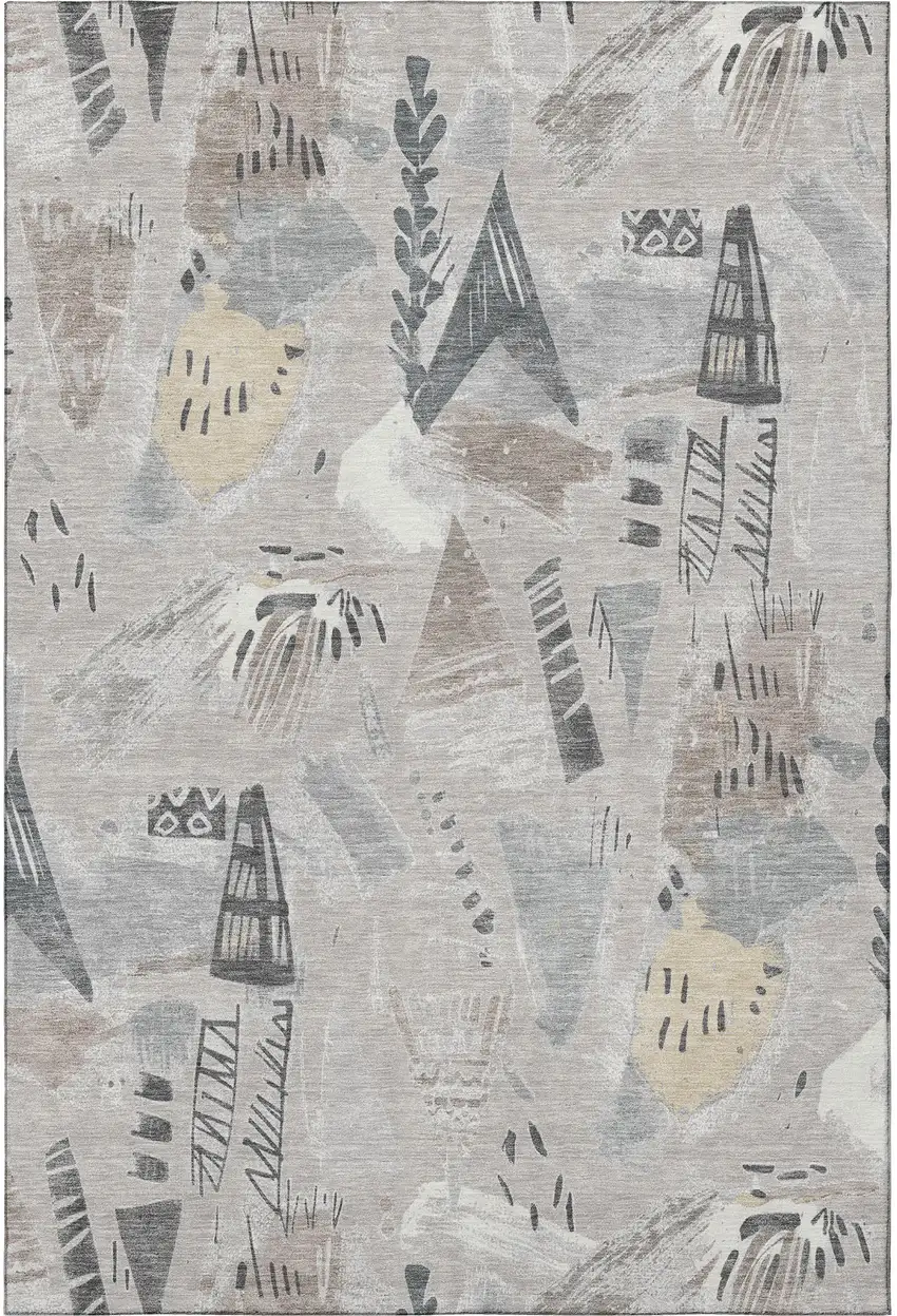 Taupe Beige And Gray Geometric Washable Area Rug With UV Protection Photo 3
