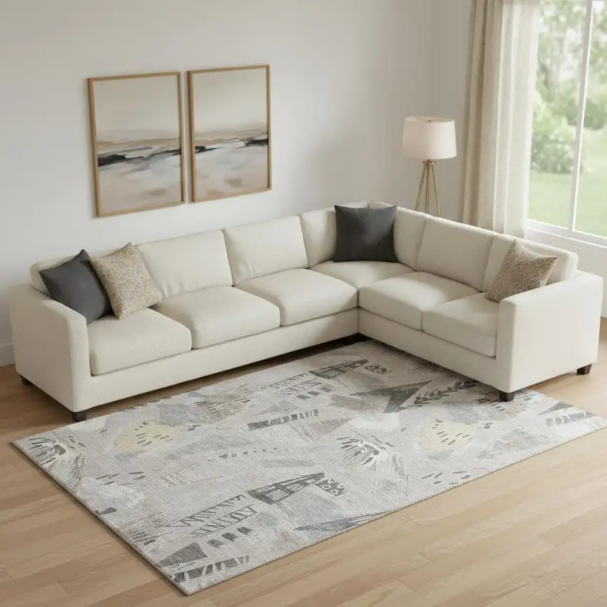 Taupe Beige And Gray Geometric Washable Area Rug With UV Protection Photo 2