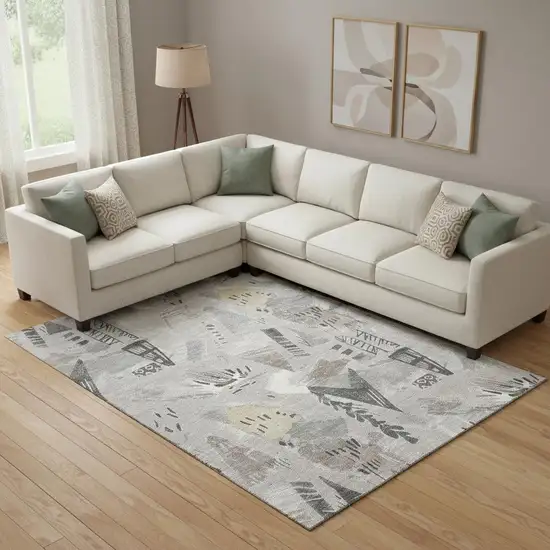 Taupe Beige And Gray Geometric Washable Area Rug With UV Protection Photo 2