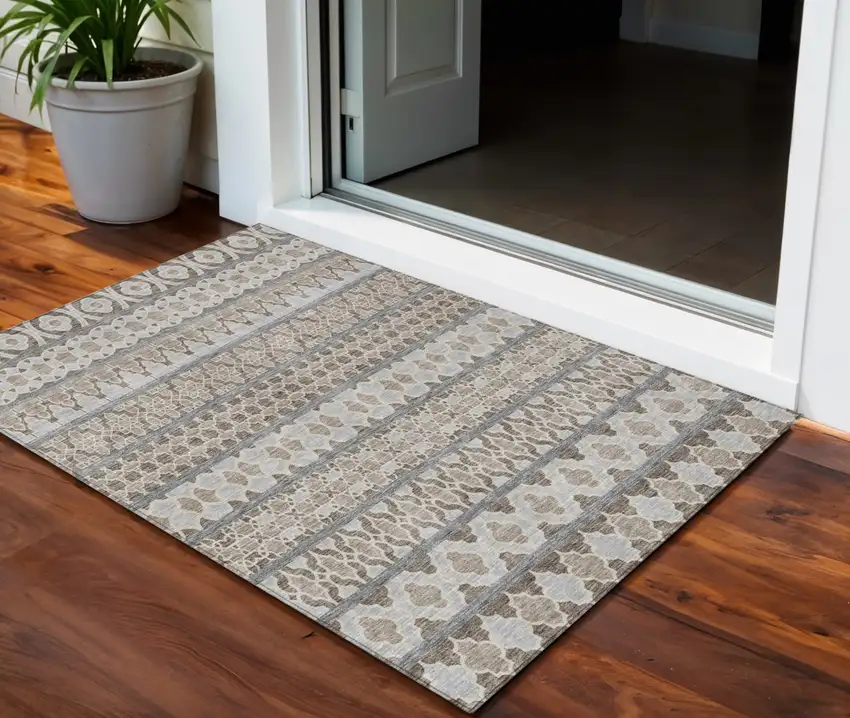 Taupe Beige And Gray Quatrefoil Washable Indoor Outdoor Area Rug Photo 1