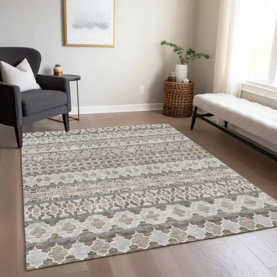 Taupe Beige And Gray Quatrefoil Washable Indoor Outdoor Area Rug Photo 9