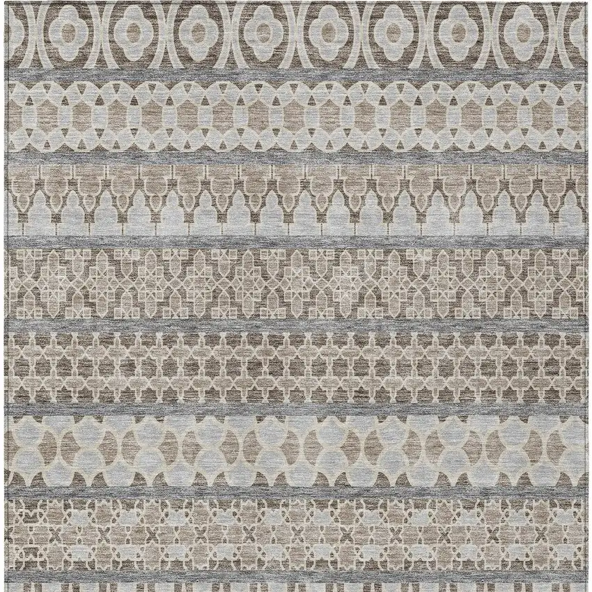 Taupe Beige And Gray Quatrefoil Washable Indoor Outdoor Area Rug Photo 7