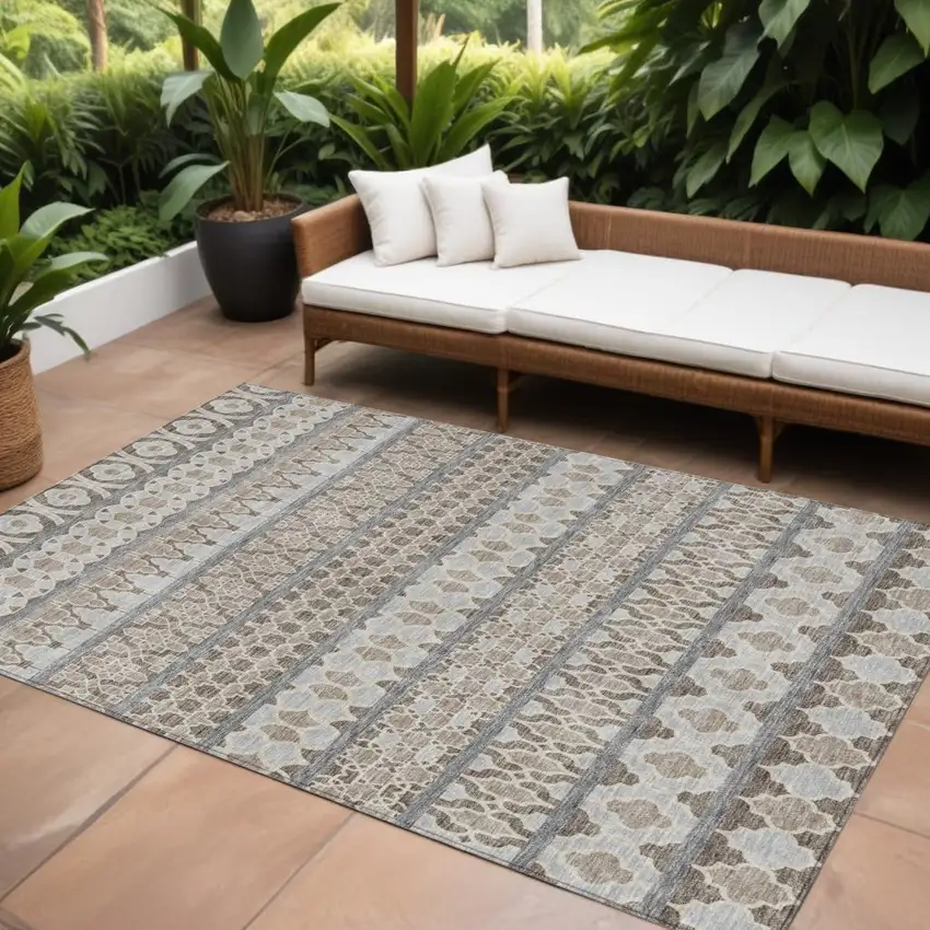 Taupe Beige And Gray Quatrefoil Washable Indoor Outdoor Area Rug Photo 1