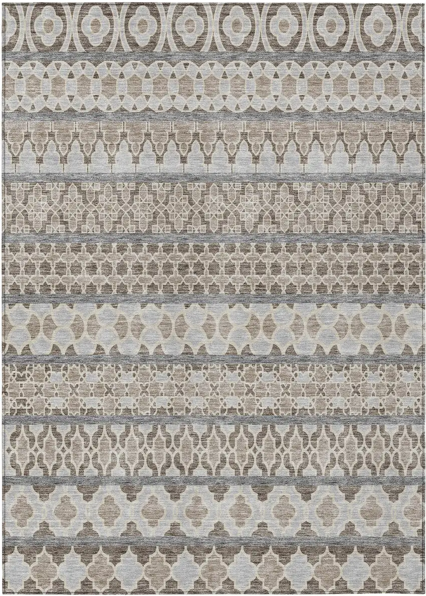 Taupe Beige And Gray Quatrefoil Washable Indoor Outdoor Area Rug Photo 1