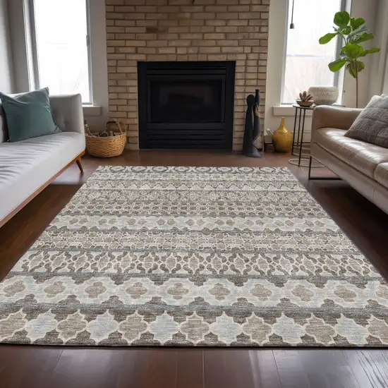 Taupe Beige And Gray Quatrefoil Washable Indoor Outdoor Area Rug Photo 8
