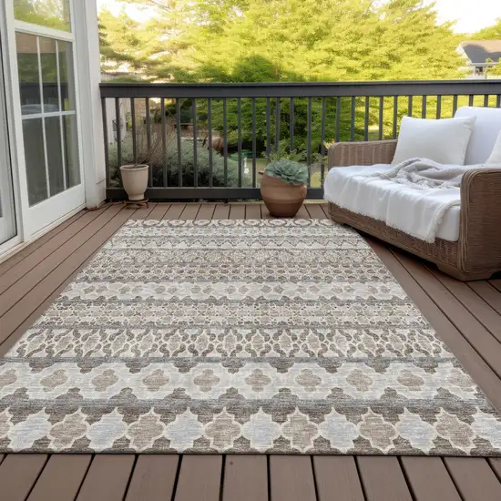 Taupe Beige And Gray Quatrefoil Washable Indoor Outdoor Area Rug Photo 7