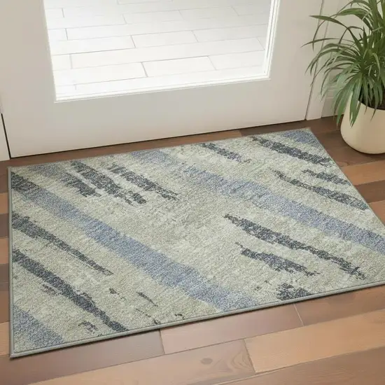 Taupe Beige And Gray Striped Washable Area Rug With UV Protection Photo 2