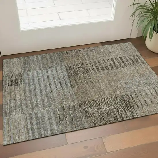 Taupe Beige And Gray Striped Washable Area Rug With UV Protection Photo 2