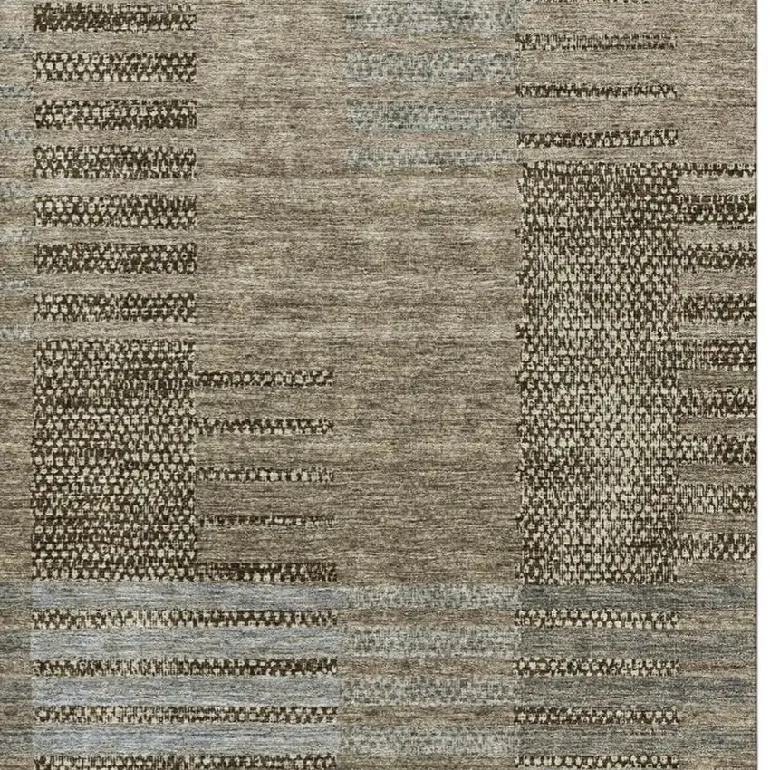 Taupe Beige And Gray Striped Washable Area Rug With UV Protection Photo 3