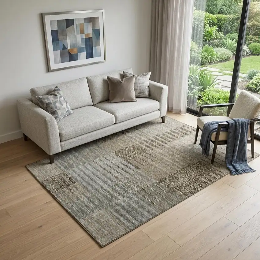 Taupe Beige And Gray Striped Washable Area Rug With UV Protection Photo 1