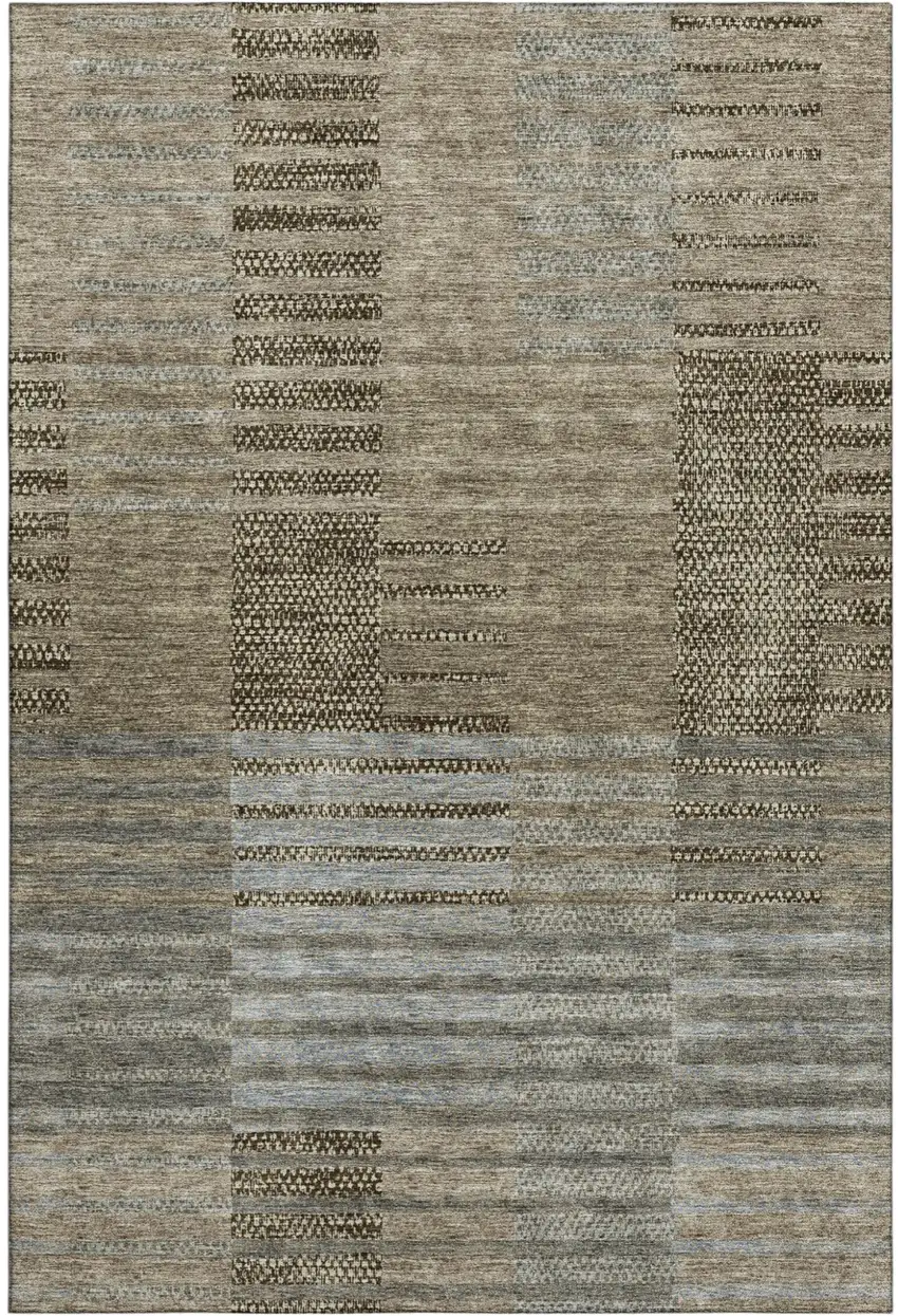 Taupe Beige And Gray Striped Washable Area Rug With UV Protection Photo 2