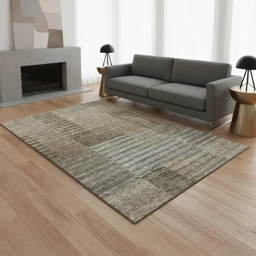 Taupe Beige And Gray Striped Washable Area Rug With UV Protection Photo 2