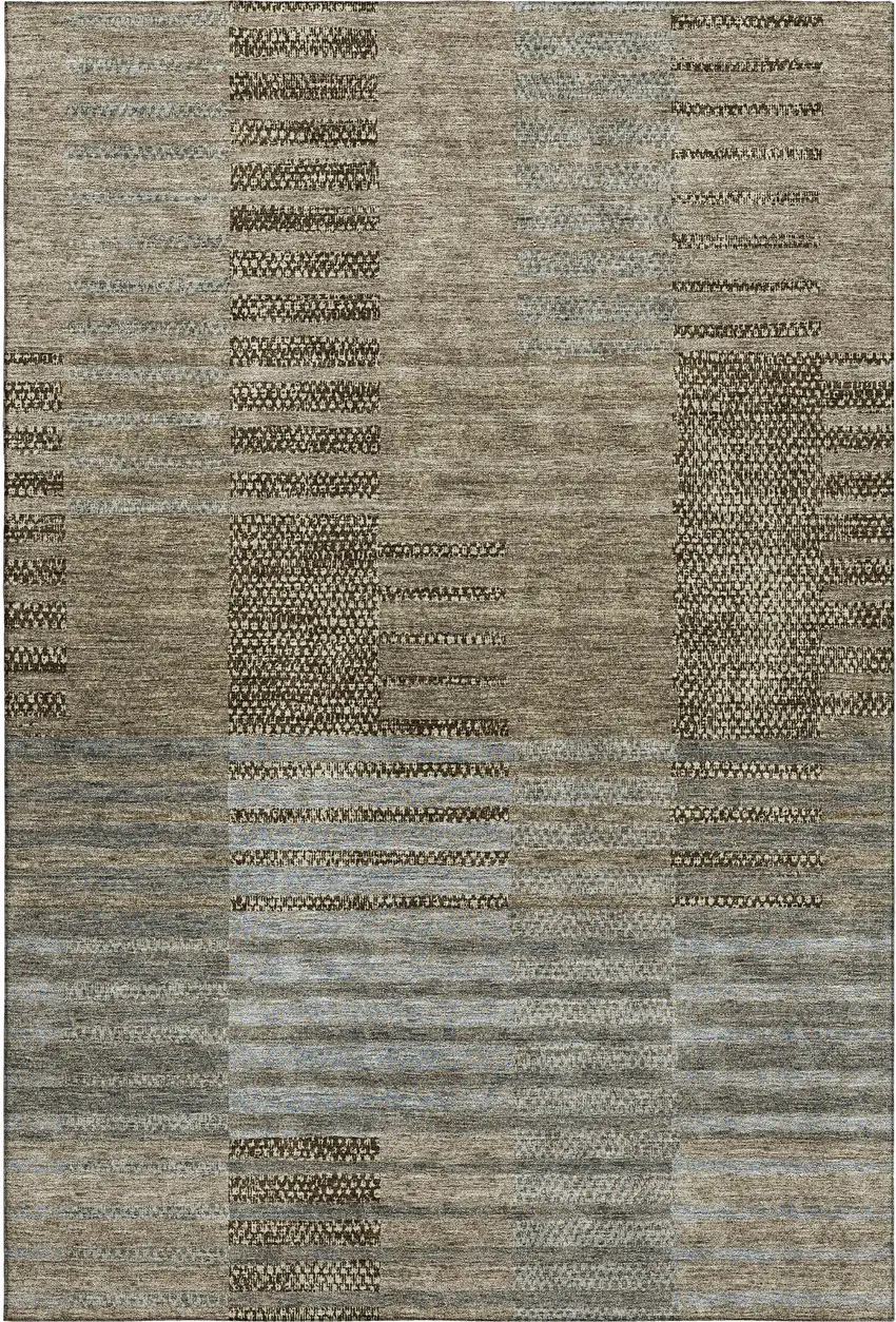 Taupe Beige And Gray Striped Washable Area Rug With UV Protection Photo 1
