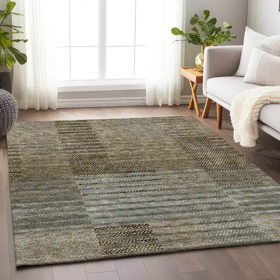 Taupe Beige And Gray Striped Washable Area Rug With UV Protection Photo 4