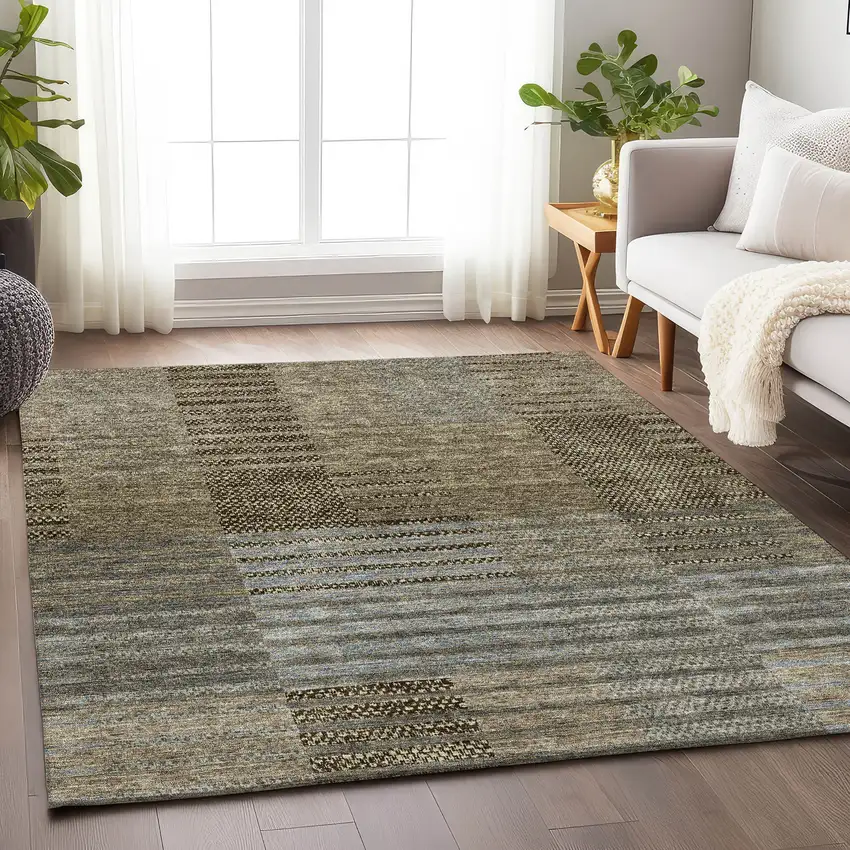 Taupe Beige And Gray Striped Washable Area Rug With UV Protection Photo 4