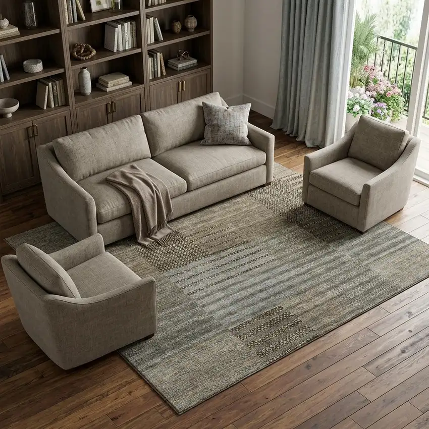 Taupe Beige And Gray Striped Washable Area Rug With UV Protection Photo 1