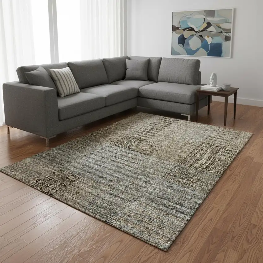 Taupe Beige And Gray Striped Washable Area Rug With UV Protection Photo 2