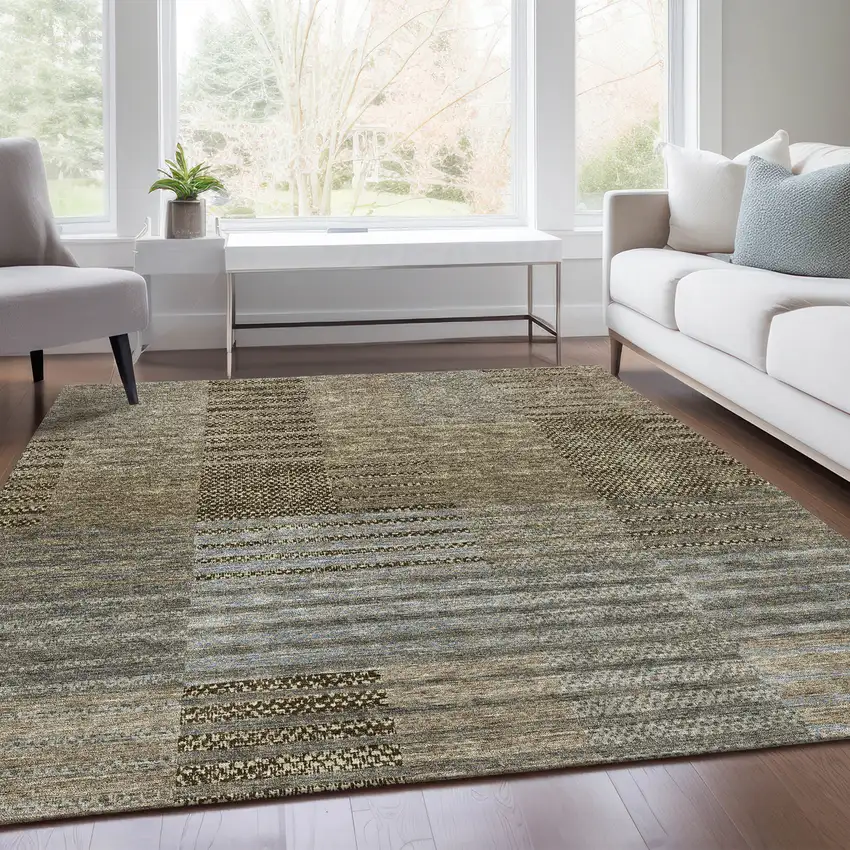 Taupe Beige And Gray Striped Washable Area Rug With UV Protection Photo 5