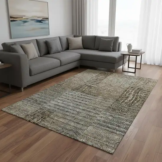 Taupe Beige And Gray Striped Washable Area Rug With UV Protection Photo 2