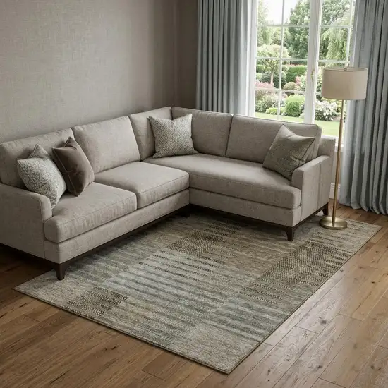 Taupe Beige And Gray Striped Washable Area Rug With UV Protection Photo 1