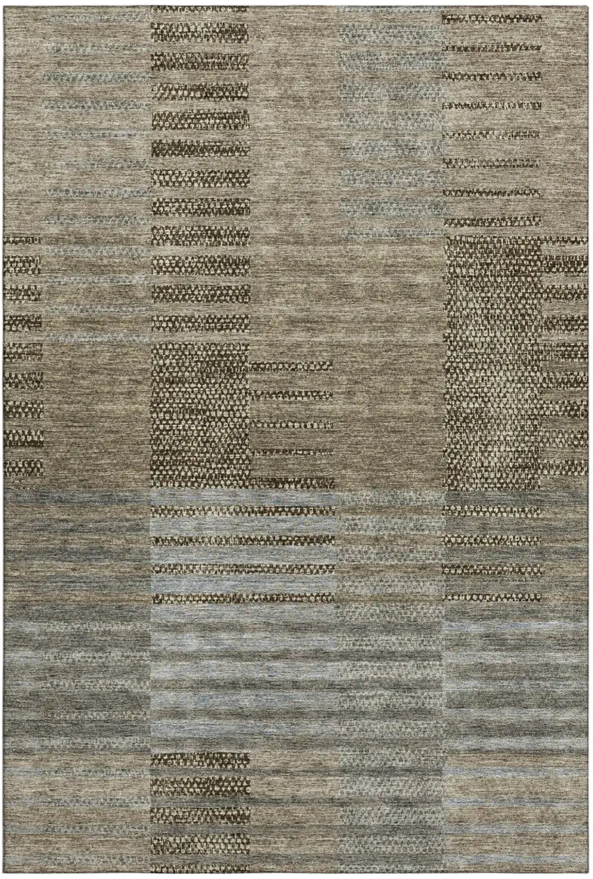 Taupe Beige And Gray Striped Washable Area Rug With UV Protection Photo 2