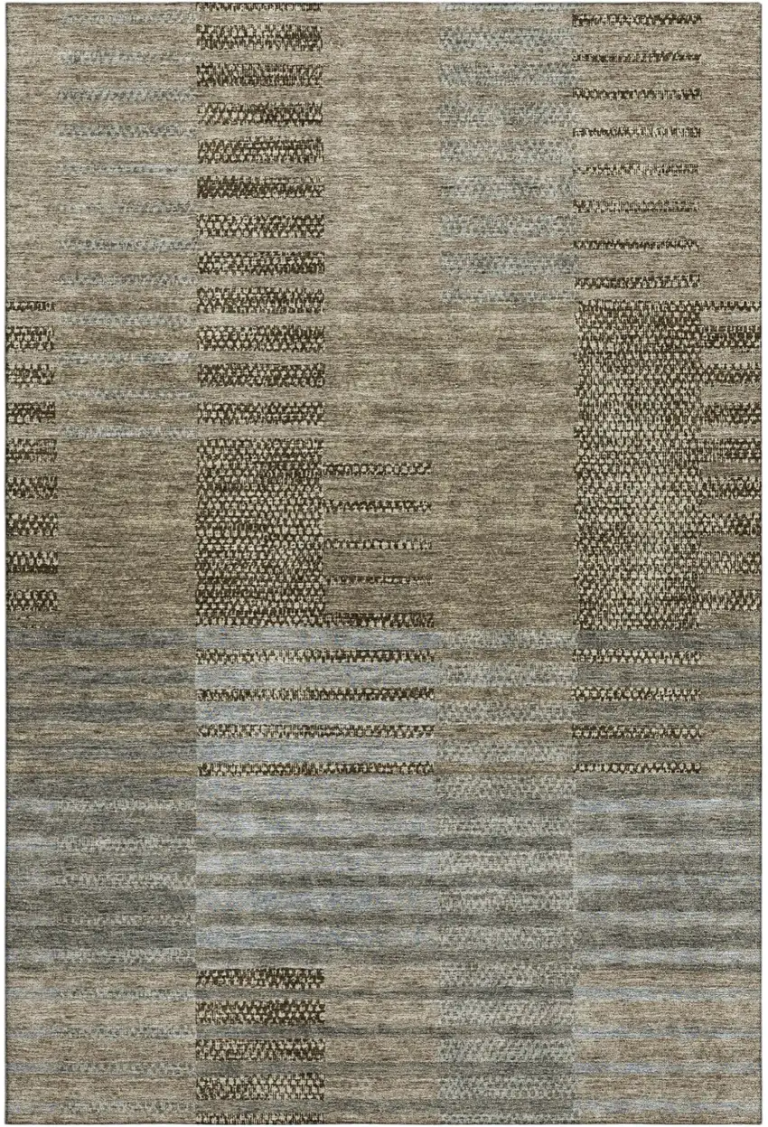Taupe Beige And Gray Striped Washable Area Rug With UV Protection Photo 2
