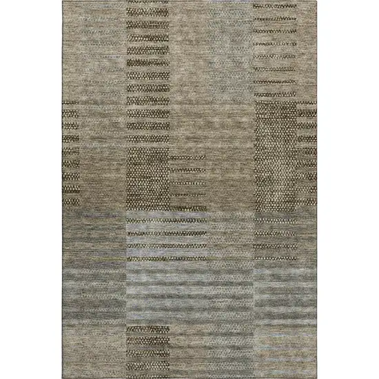Taupe Beige And Gray Striped Washable Area Rug With UV Protection Photo 1